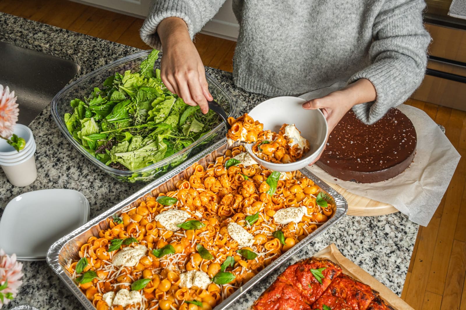 A catering portion ready for pickup. Bakery, by the tray