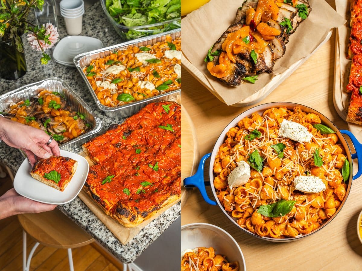 Pearson's catering. Trays of food beside a Dutch oven