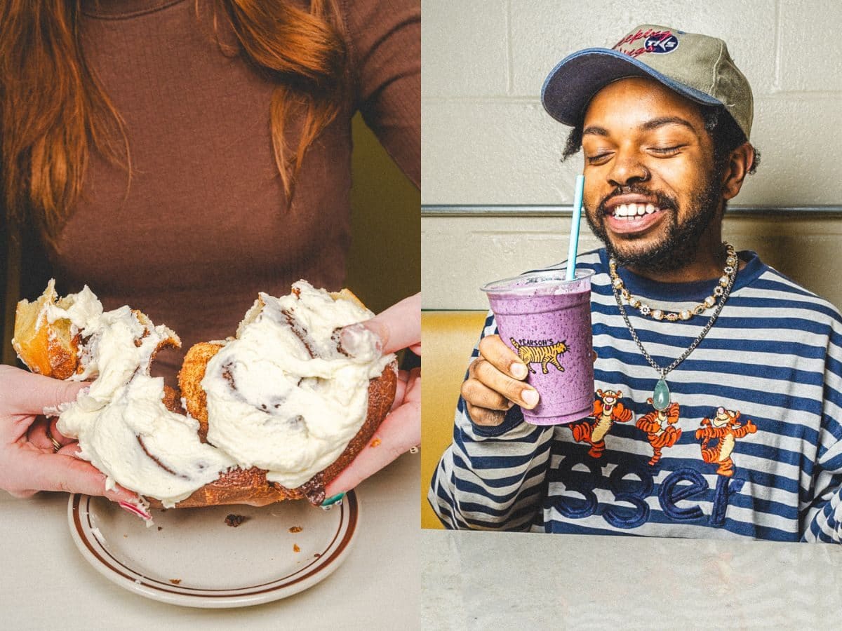 A cinnamon roll beside a smoothie held in a Tigger tee