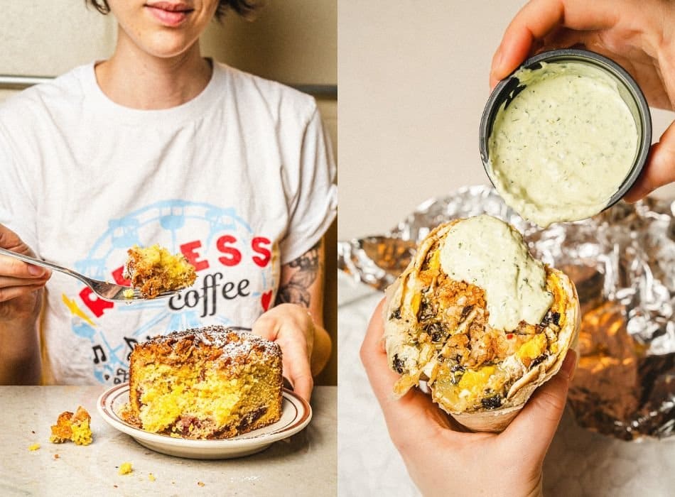 breakfast burrito and sauce, crumbly coffee cake